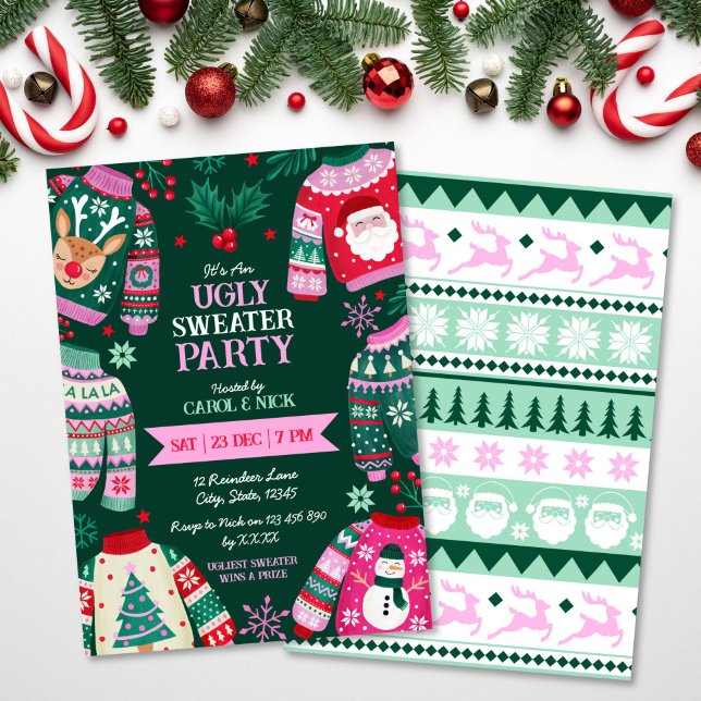 Invitación Moderno Festividad de suéter suave rojo, verde y r (Modern Festive Ugly Sweater Red, Green and Pink Invitation)