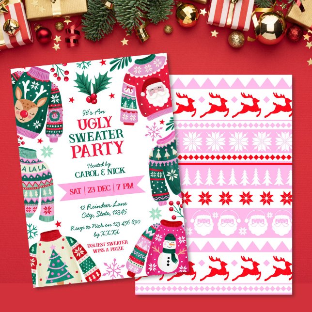 Invitación Moderno Festividad de suéter suave rojo, verde y r (Modern Festive Ugly Sweater Red, Green and Pink Invitation)
