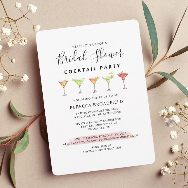 Invitación Moderno Fiesta Bridal Shower Cocktail Beach (Script Cocktail Party Bridal Shower Invitation)