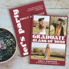 Invitación Moderno Fiesta de 3Photo Grad en Blanco y Rojo