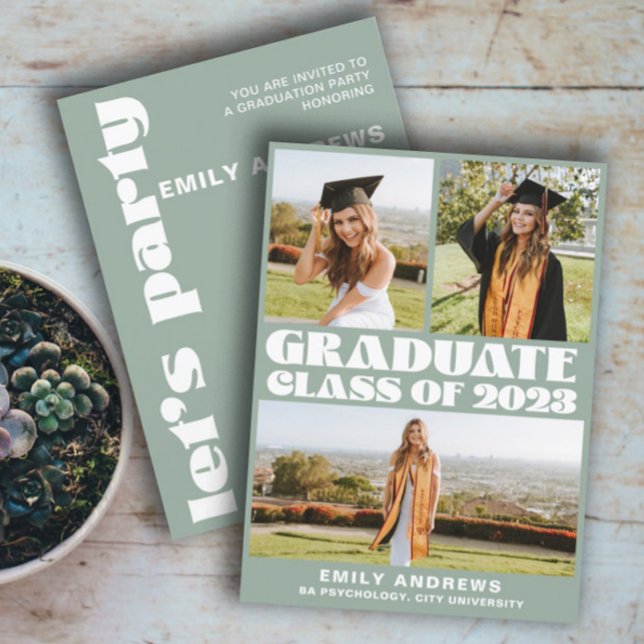 Invitación Moderno Fiesta de 3Photo Grad en Blanco y Verde (Subido por el creador)