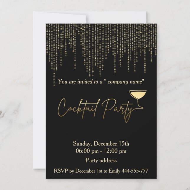 Invitación Moderno fiesta de cócteles de vacaciones negro dor (Anverso)