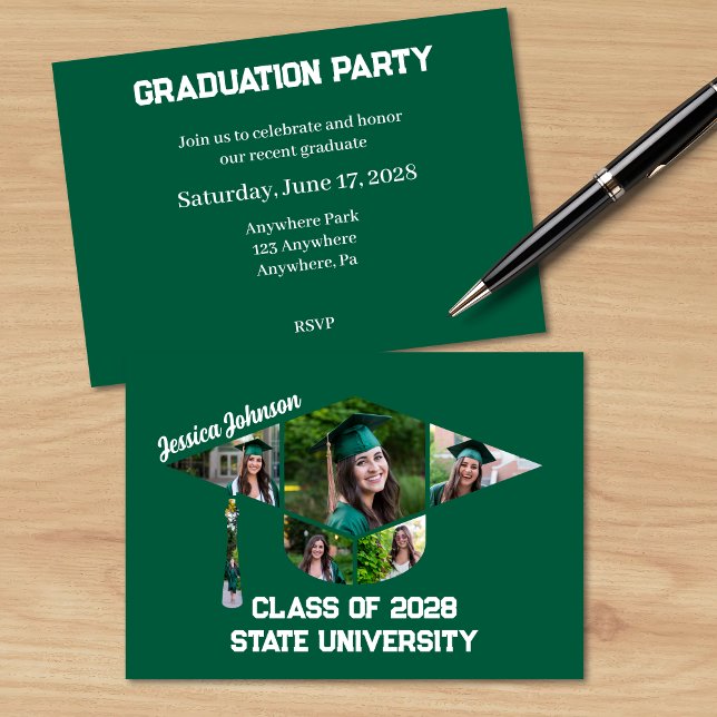 Invitación Moderno Fiesta de Collage de fotos de forma de gra (Modern Green Photo Graduation Party Invite with a Photo Collage in the Shape of a Grad Cap)