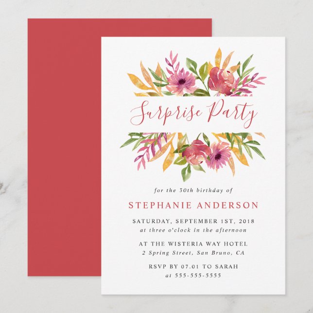 Invitación Moderno Fiesta de color de agua floral (Anverso / Reverso)