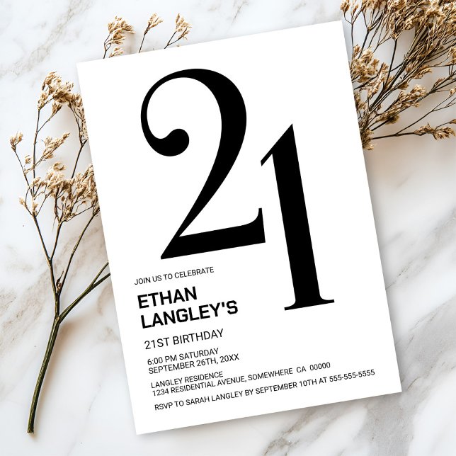 Invitación Moderno Fiesta de cumpleaños 21 en blanco y negro (Subido por el creador)