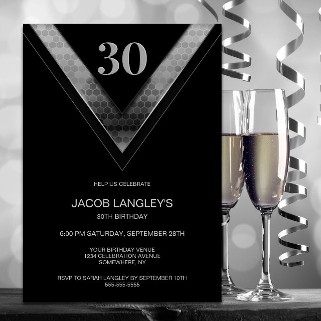 Invitación Moderno Fiesta de cumpleaños 30 Black Silver (Subido por el creador)