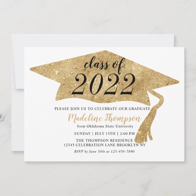 Invitación Moderno Fiesta de Gorra de graduación de oro simpl (Anverso)