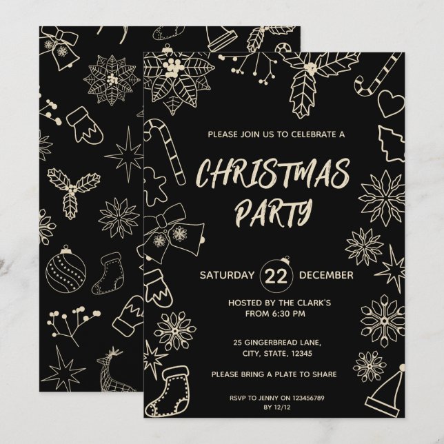 Invitación Moderno Fiesta elegante negro y dorado de navidad  (Anverso / Reverso)