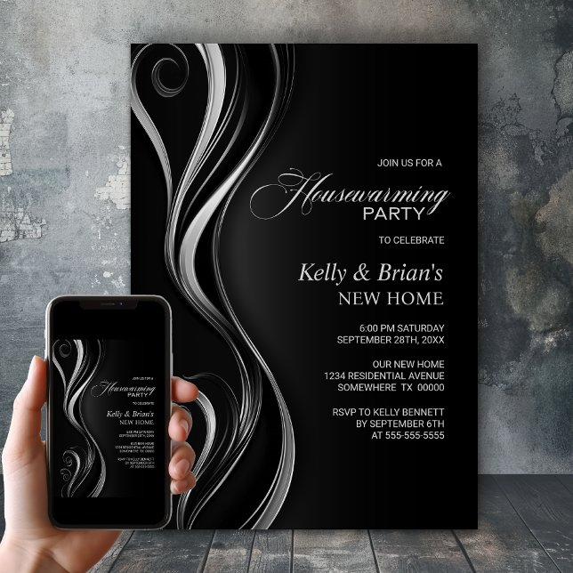 Invitación Moderno Fiesta plateado negro para el calentamient (Subido por el creador)