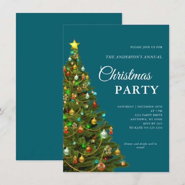 Invitación Moderno Fiesta Verde azulado de árbol de Navidad m (Anverso / Reverso)
