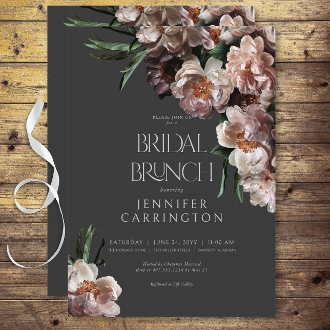 Invitación Moderno Flor Oscura Florencia Negra Brunch Bridal  (Modern Dark Flower Blossoms Black Bridal Brunch Invitation)