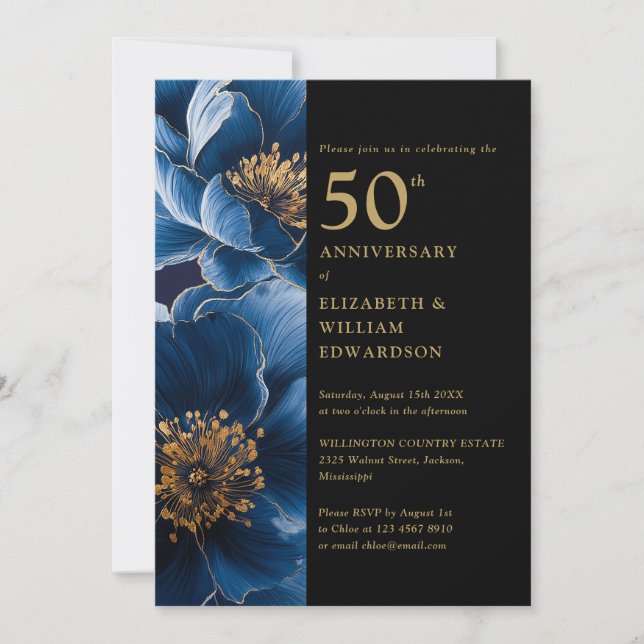 Invitación Moderno floral azul negro y dorado 50 aniversario (Anverso)