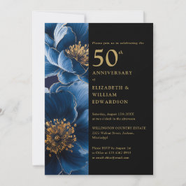 Invitación Moderno Floral Azul Negro y Oro 50 Aniversario