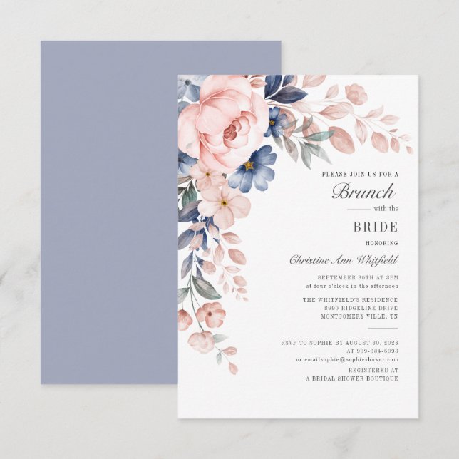 Invitación Moderno Floral Azul rosa Flores Bridal Brunch (Anverso / Reverso)