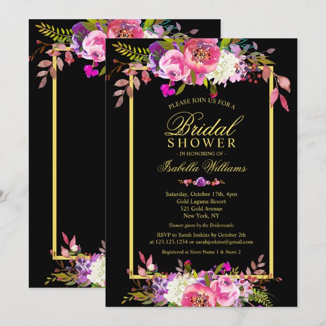 Invitación Moderno Floral Black Gold Bridal Shower (Anverso / Reverso)
