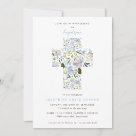 Invitación Moderno Floral Cruz Religiosa Luz Azul Bautismo
