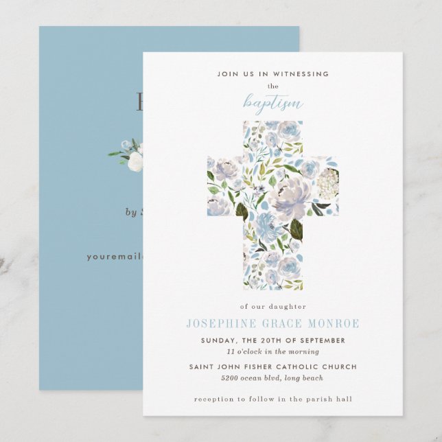 Invitación Moderno Floral Cruz Religiosa Luz Azul Bautismo (Anverso / Reverso)