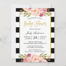 Invitación Moderno Floral Gold Black Stripes Baby Shower