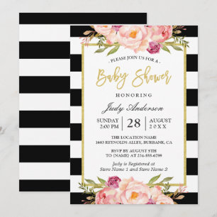 Invitación Moderno Floral Gold Black Stripes Baby Shower