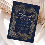 Invitación Moderno floral imitación dorado color de agua mari<br><div class="desc">Moderna moda de bonito y elegante estampado dorado con un elegante marco de color oro dulce de 16 años sobre un fondo de color azul marino pintado a mano y moderno.Ideal para una princesa Dulce dieciséis.</div>