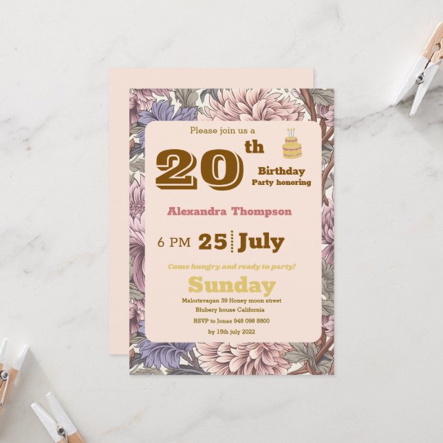 Invitación Moderno floral retro fiesta de cumpleaños 20 Purpl (Anverso/Reverso In Situ)