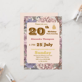 Invitación Moderno floral retro fiesta de cumpleaños 20 Purpl