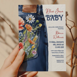 Invitación Moderno Floral Rojo Azul Denim Azul Jean Baby Show