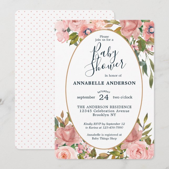 Invitación Moderno Floral Rosa Rubor Gold Garden Baby Shower (Anverso / Reverso)