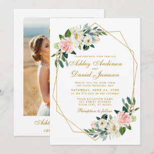 Invitación Moderno floral rosado marco dorado foto Boda poste