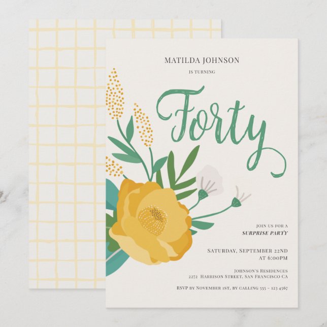 Invitación Moderno Floral Surprise 40.ª Fiesta de Cumpleaños (Anverso / Reverso)