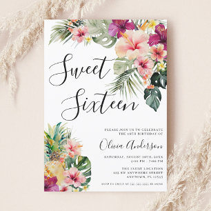 Invitación Moderno floral tropical dulces 16 blanco
