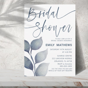 Invitación Moderno Foliage Blue Watercolor Bridal Shower