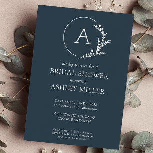Invitación Moderno Foliage Frame Navy Blue Bridal Shower