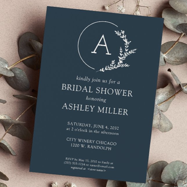 Invitación Moderno Foliage Frame Navy Blue Bridal Shower (Subido por el creador)