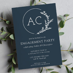 Invitación Moderno Foliage Frame Navy Blue Engagement Party