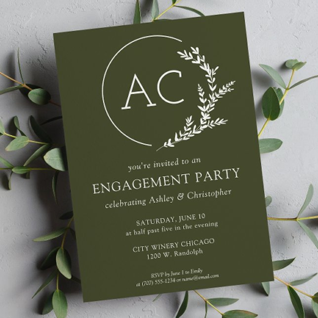 Invitación Moderno Foliage Frame Olive Green Engagement Party (Subido por el creador)