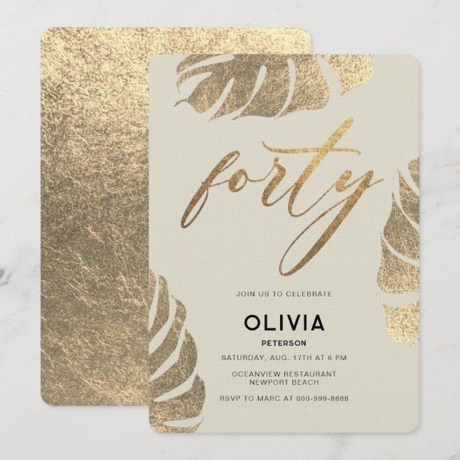 Invitación Moderno Foliage Tropical Gold Elegante 40 cumpleañ (Anverso / Reverso)