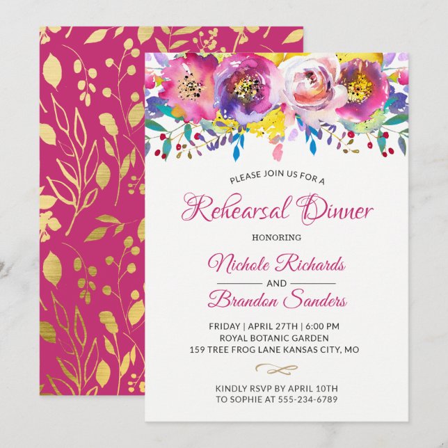 Invitación Moderno Fuchsia Gold floral Jardín Ensayo Cena (Anverso / Reverso)