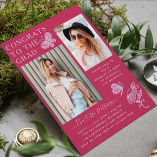 Invitación Moderno Fuschia Butterfly Photo Graduation Party