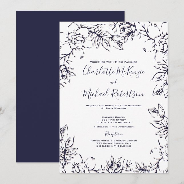 Invitación Moderno, Gardenia Floral, Marina, Rubor, Boda (Anverso / Reverso)