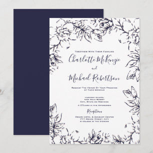 Invitación Moderno, Gardenia Floral, Marina, Rubor, Boda