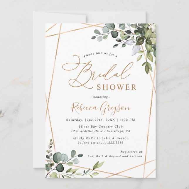 Invitación Moderno Geometric Gold Greenery Bridal Shower (Anverso)