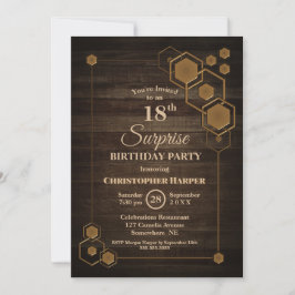 Invitación Moderno Geometric Wood Surprise 18th Birthday Part