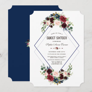 Invitación Moderno Geométrico Merlot Azul Marino Floral Sweet