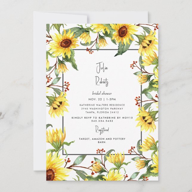 Invitación Moderno girasol floral acuarela ducha de novia (Anverso)
