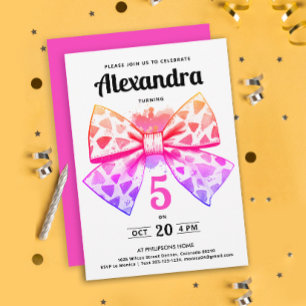 Invitación Moderno Girly Gradiente Rosa Bow acuarela Cumpleañ