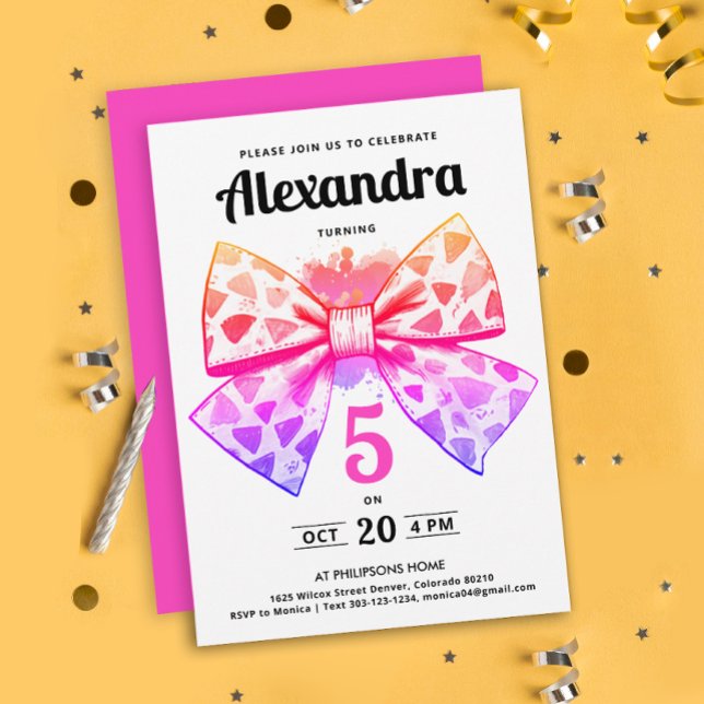 Invitación Moderno Girly Gradiente Rosa Bow acuarela Cumpleañ (Subido por el creador)