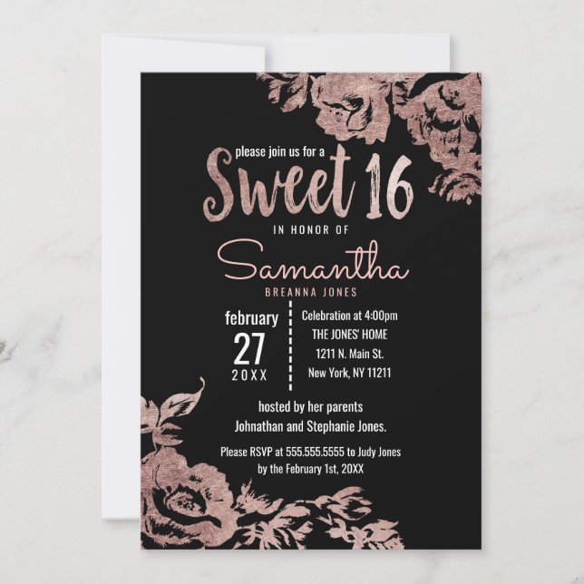 Invitación Moderno Girly Negro Rosa Dorado Floral Sweet 16 (Anverso)