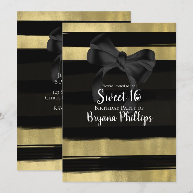 Invitación Moderno Glam Black Bow Gold Paint Stroke Sweet 16 (Anverso / Reverso)