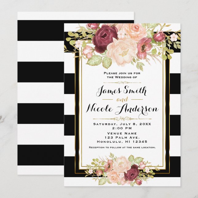 Invitación Moderno Glam Floral Black White Stripes Boda (Anverso / Reverso)